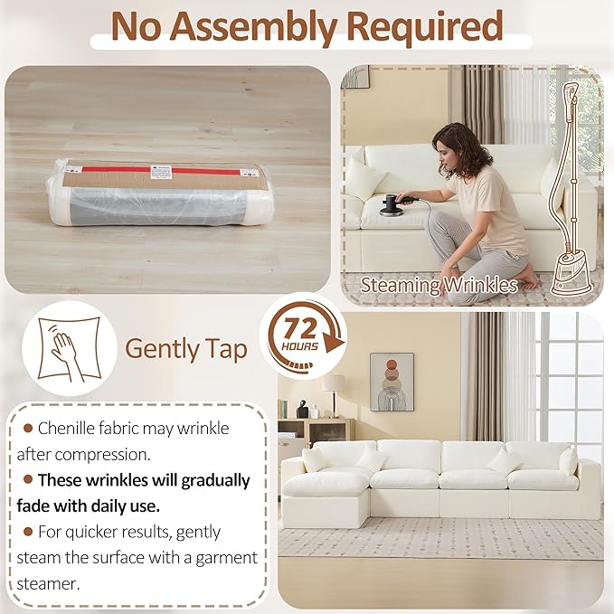 155''Cloud Boneless Modular Couch, Oversized Sectional Sofa Deep Seat with Ottomans, Modern Upholstered Convertible L Shape Couch Comfy 5 Seater Chenille Sofa Couches for Living Room, Beige