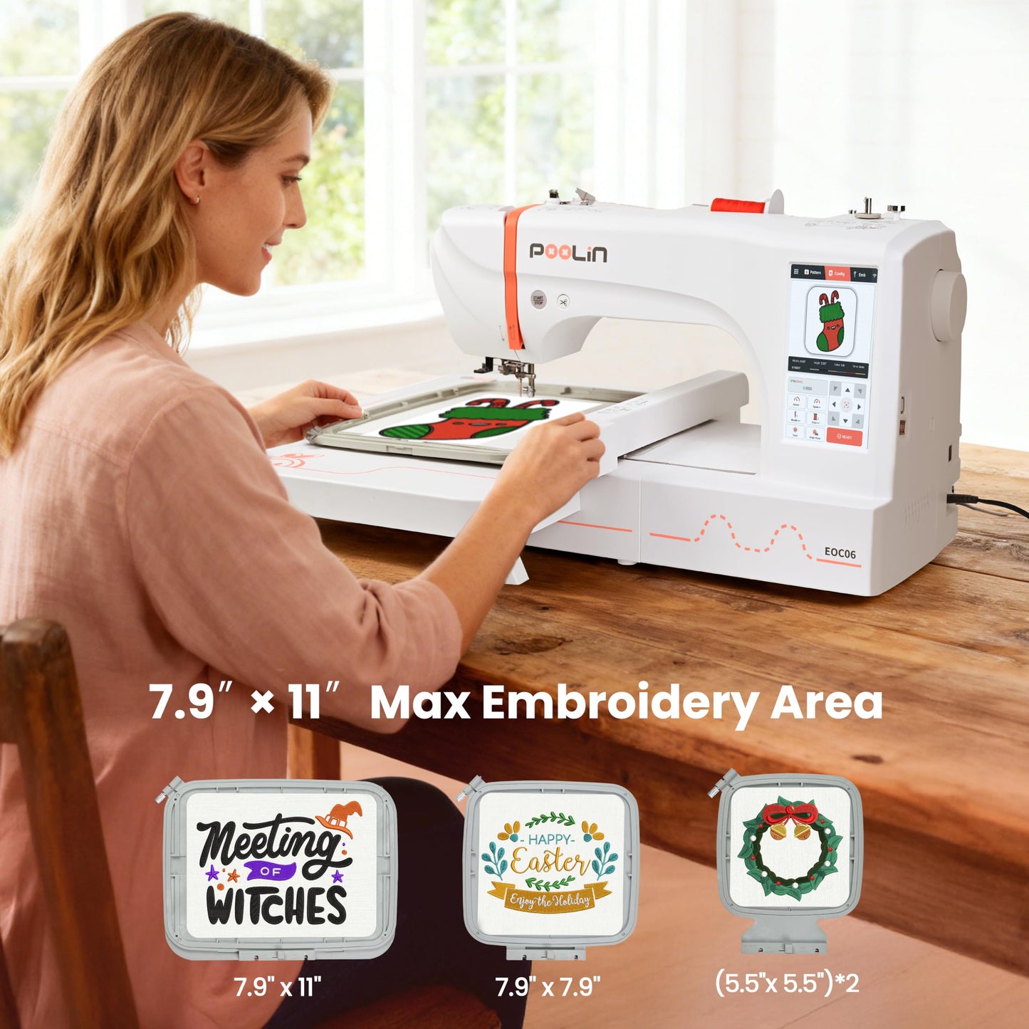PooLin Pro Bundle for Small Business EOC06 Computerized Embroidery Machine,11"x7.9",7.9"x7.9",5.5"x5.5" with 60 Colors Embroidery Thread,Cloud Cover 7" x 7" (50pcs),Size Bobbins,12*50 yards Cut Away
