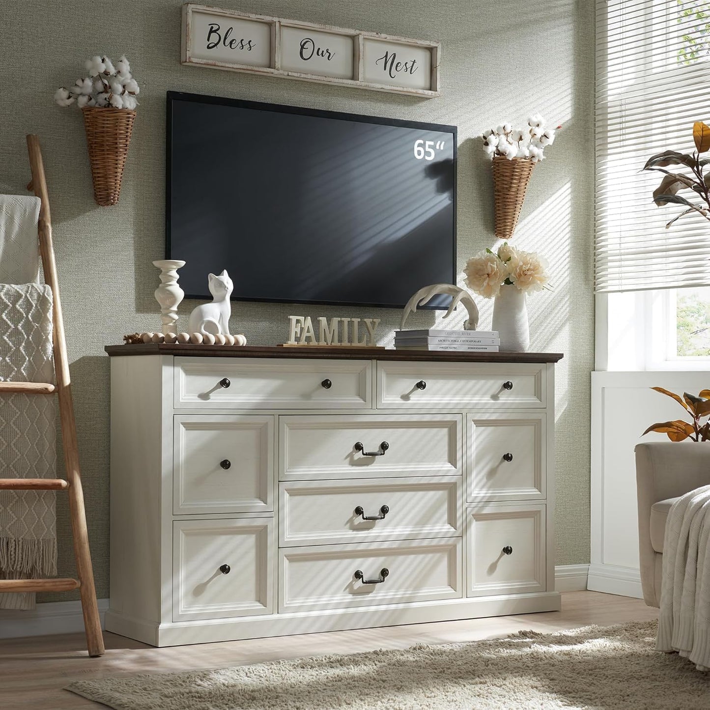 IFGET Farmhouse 9 Drawers Dresser for Bedroom, 60" Wide Wood Rustic Chest of Drawers, Large Storage Dressers Organizer for Bedroom, Living Room, Hallway, Dining Room-White