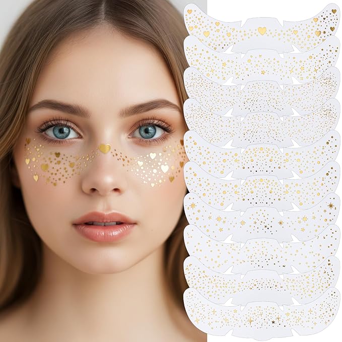 LXUEJIE 10 PCS Gold Face Glitter Makeup Speckles, Glow Up Makeup Patches Face Tattoo Glitter Speckles Patches Cosmetic Gli...