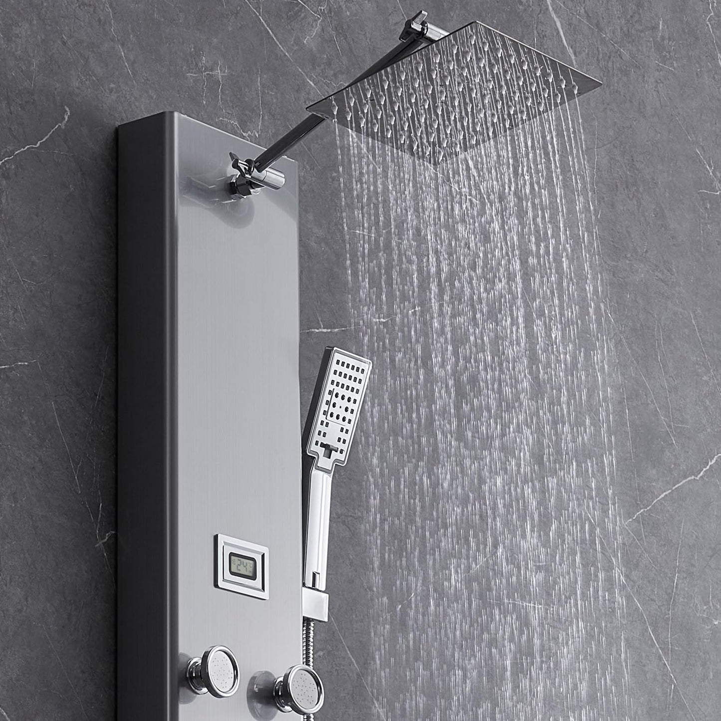 VEVOR Shower Panel Tower System, 5 Shower Modes, Digital Display Shower Panel, Rainfall, 8 Massage Jets, Tub Spout, 3-Setting Handheld Shower Head 59" Hose, Stainless Steel Wall-Mounted Shower Set
