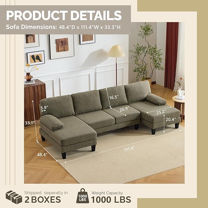 VINGLI 110' U-Shaped Sectional Couch with Two Chaise, Affordable Small Sofa with 4 Seats, Chenille Fabric Comfy Couches for Living Room, Khaki