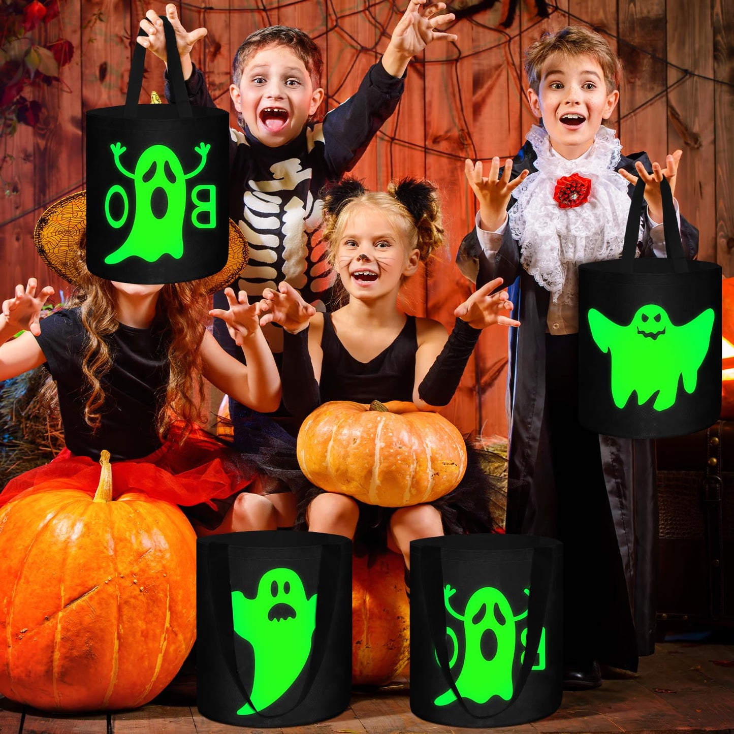 Hosuly 3 Pcs Halloween Buckets Glow in The Dark Candy Trick Bags Multipurpose Reusable Goody Light up Buckets for Kids Halloween Supplies Favors(Novel Style)