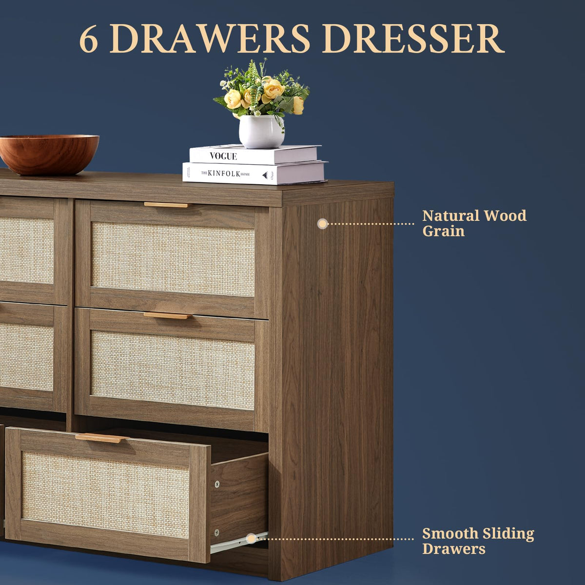 OAKHAM HOME Bedroom Dresser and Nightstand 3 Piece Set, Rattan 1 X 6 Drawer Dresser Boho Chest of Drawers, Night Stand Set of 2 with Type-C Charging Station