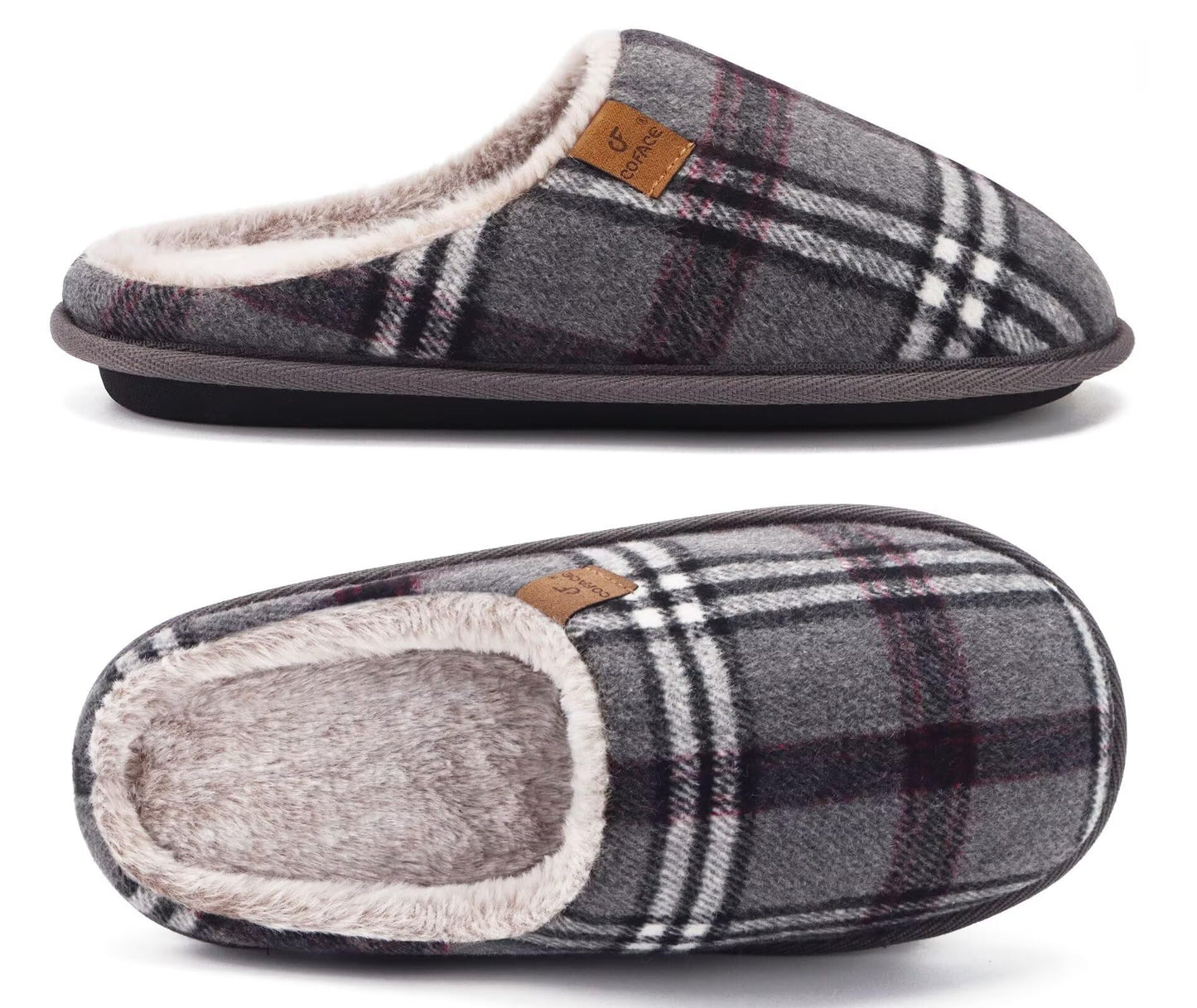COFACE Mens Grey Flano Plaid Cozy Memory Foam scuff Slippers Slip On Warm House Shoes Indoor/Outdoor With Best Arch Support Size 11