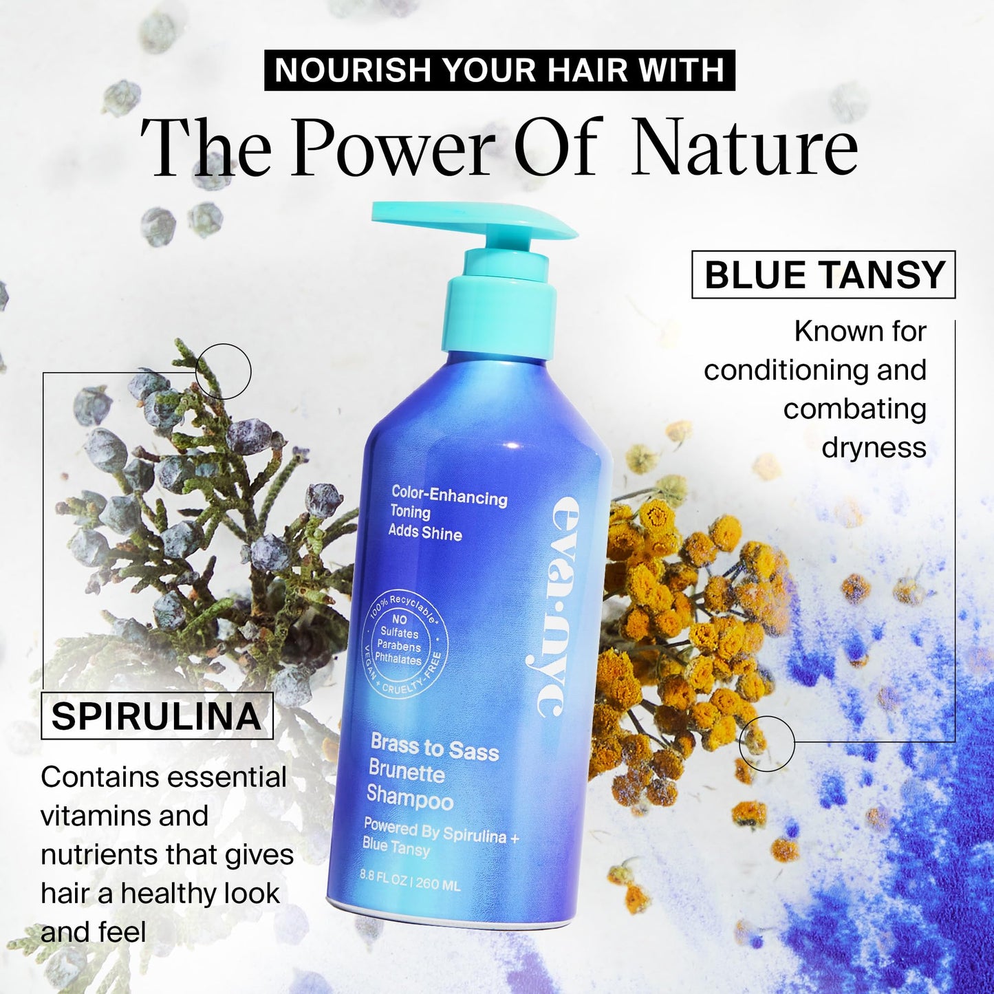 Eva NYC Brass to Sass Brunette Shampoo, Toning Blue Shampoo for Brunettes, Neutralizes Brassy Red and Orange Tones, Blue Shampoo