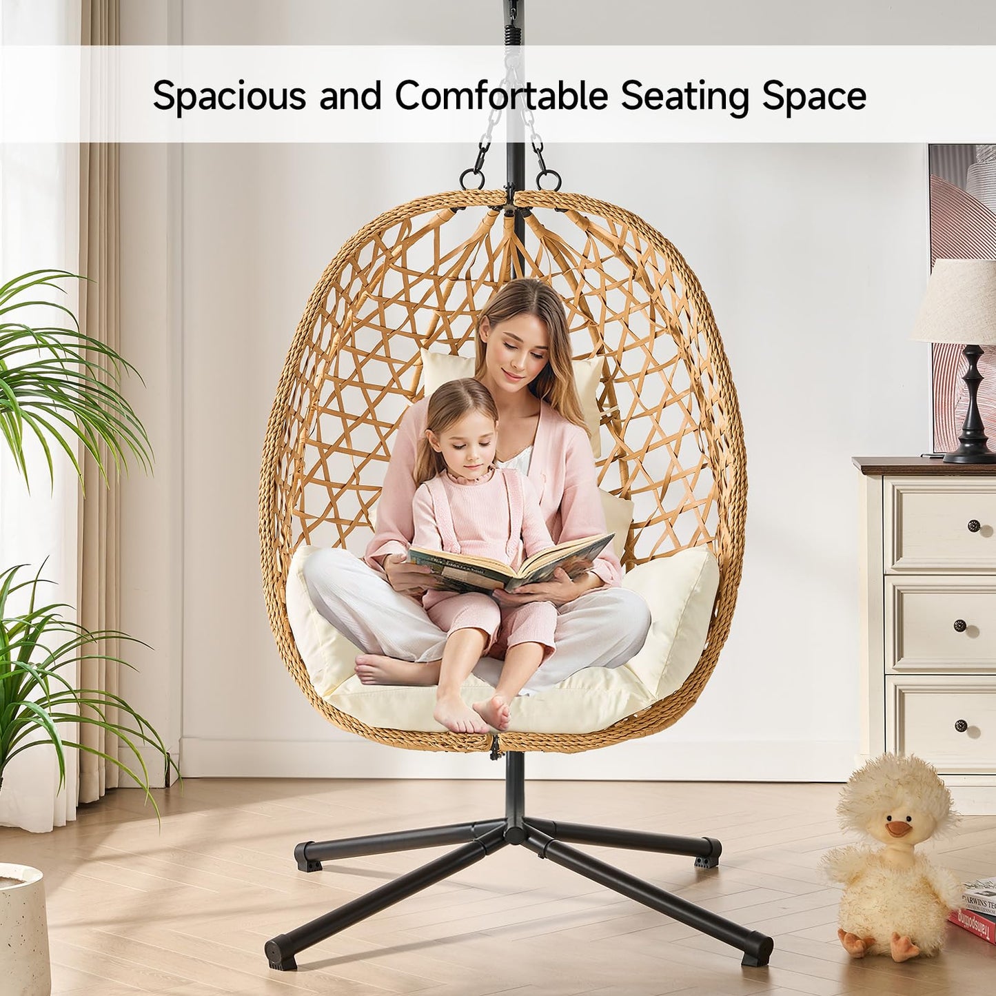 ONBRILL Egg Chair with Stand, Wicker Rattan Swing Hammock Chair with Fine Lace & Cushion, Hanging Chair with Double Chains, 350LBS Capacity for Outdoor & Indoor Patio, Porch, Bedroom, Balcony (Beige)