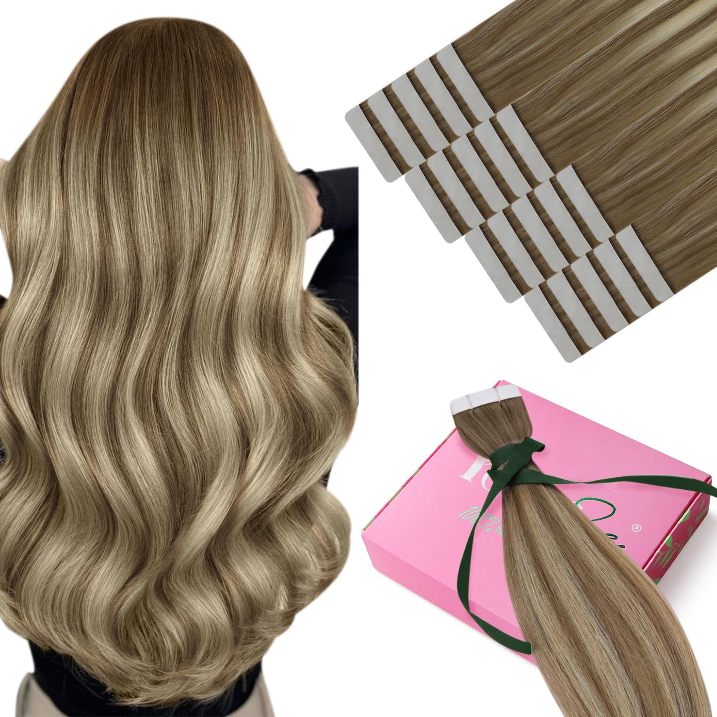 YoungSee Invisible Tape in Hair Extensions Brown Balayage Real Hair Tape in Extensions Human Hair Ombre Light Brown to Blonde Mi