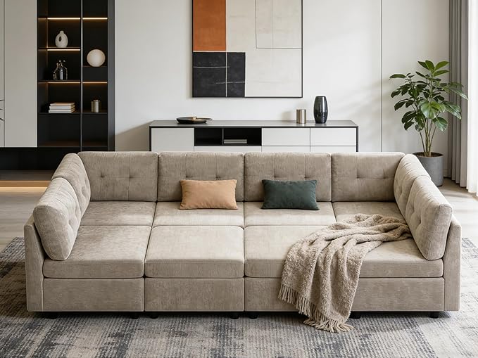 VANOMi 118 Inch Cloud Modular Sectional Sofa with 2 Ottomans, 8 Seat Cloud Sectional Sofa Bed, Chenille Sofas & Couches for Living Room, Apartment, Office, Camel