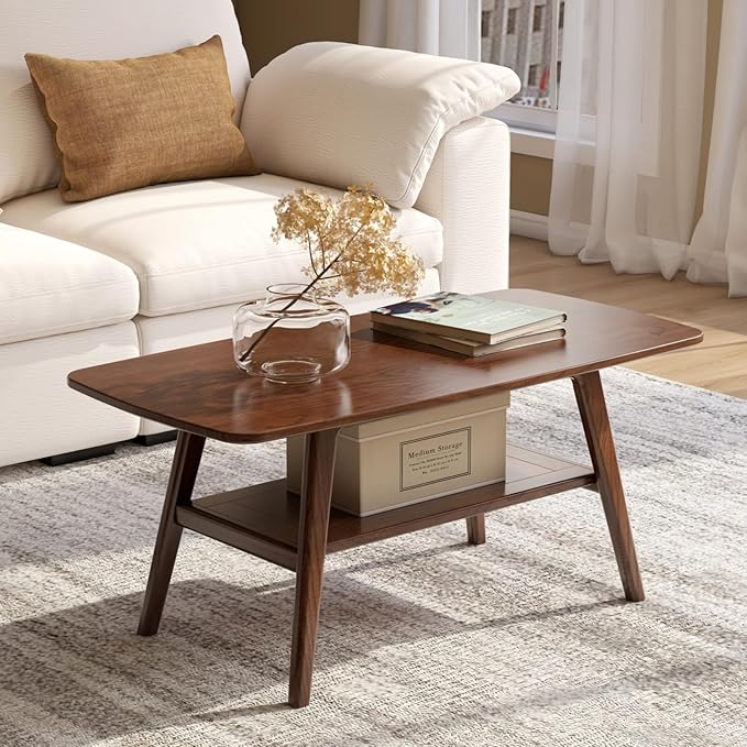 Wayshome 100% Solid Oak Wood Coffee Table for Living Room, 2-Tier Living Room Table with Storage Shelf, Mid Century Modern Coffee Tables (Walnut Colour, 39.37" W x19.68 D x 17.32" H)