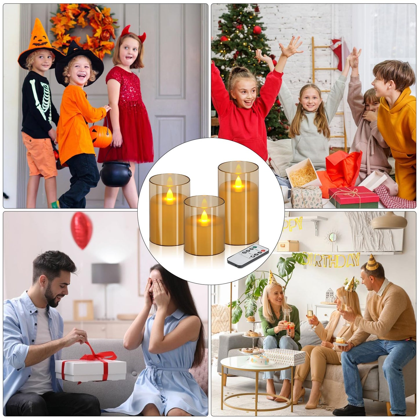wemarry Flameless Candles 4" 5" 6" Set of 12 Acrylic Glass Pillars 3" Diameter Battery Operated Flickering Candles Include 8-Key Remote with Timer Function 400+ Hours (Amber, 12 Pack)
