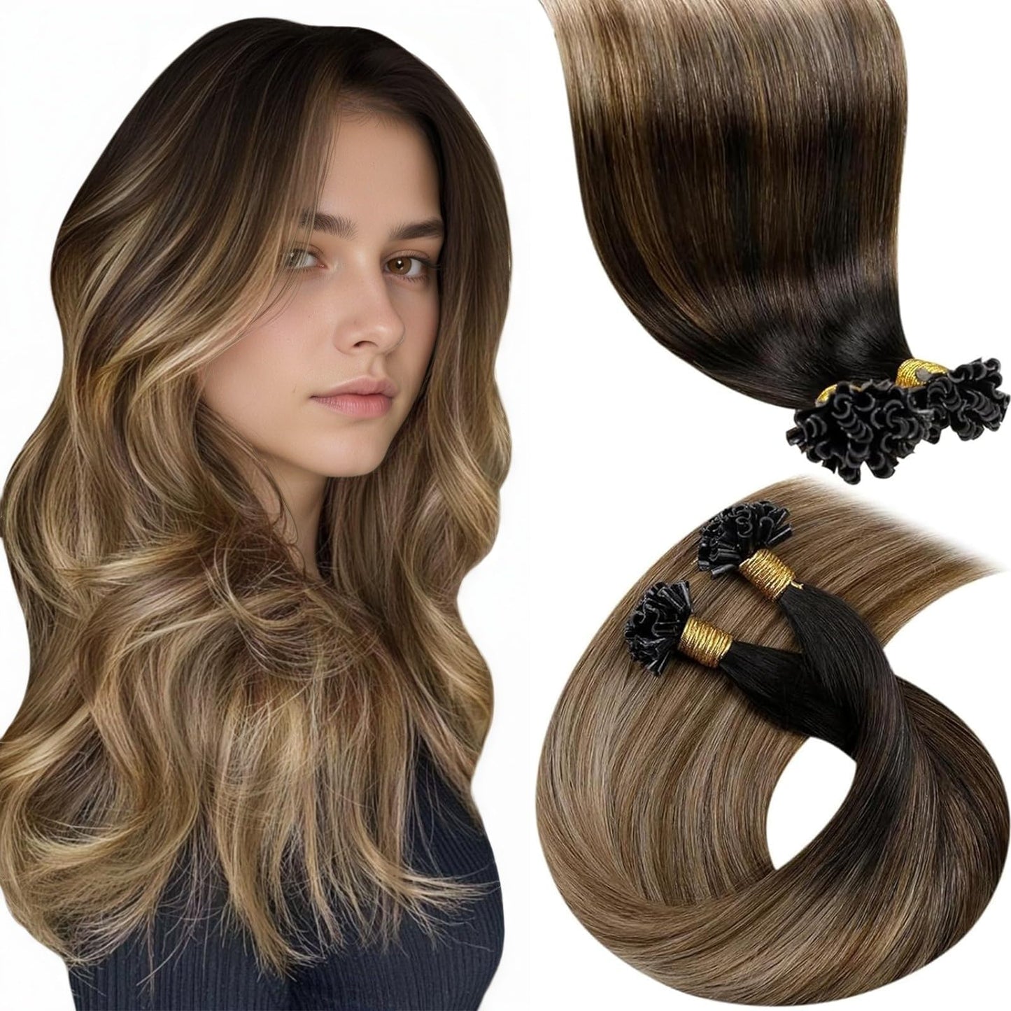 LaaVoo U Tip Hair Extensions Human Hair Ombre Dark Brown to Chestnut Brown with Ash Brown K Tips Hair Extensions Human Hair 1g/1