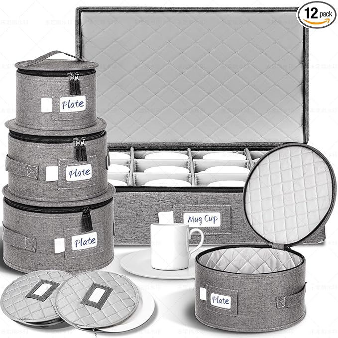 Luxula China Storage Containers for 12 Place Setting with Two Plate Bags, 5 Pcs Hard Shell Quilted China Storage Cases for Dinner Plates, Salad Plates, Dessert Plates, Saucers, Cups & Mug Storage
