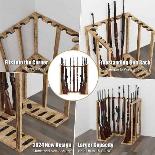 amoard Indoor Gun Rack Corner Wood Heavy Gun Rack Rifle Stand Display Shotgun Organizer and Storage Racks Stable Support for 15 Guns (Carbonized Black)