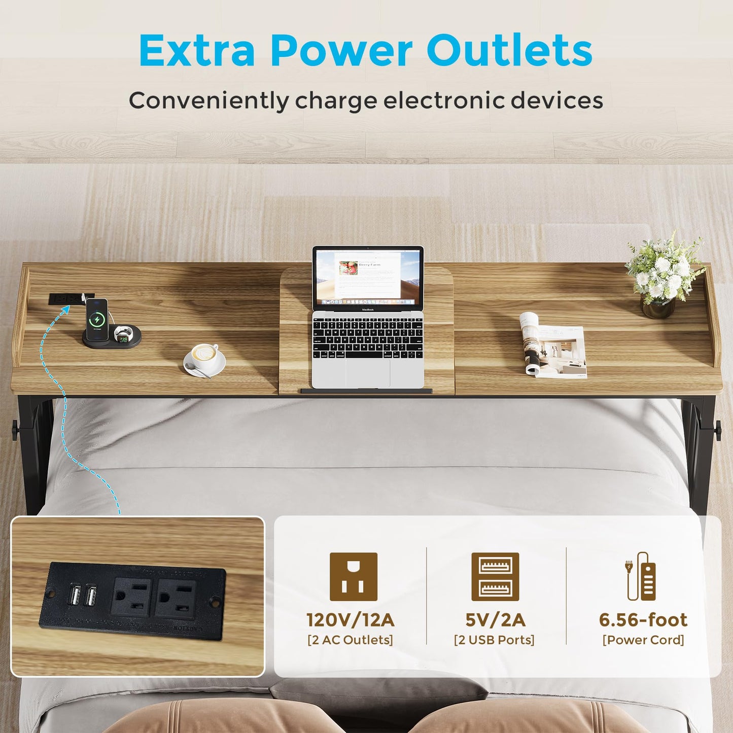Condemo Overbed Table with Wheels and Height Adjustable, 71 inch Queen Size Bed Table with Adjustable Tilt Board, Mobile Laptop Cart Computer Desk with Outlets & USB Ports, Light Brown