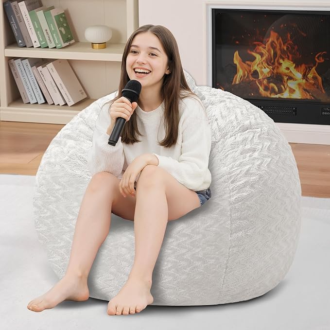 2FT Bean Bag Chair,Giant Bean Bag Chairs for Adults,Big Bean Bags with Memory Foam Filled, Large Beanbag Chairs with Chevron Plush Cover-White