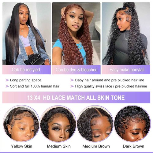 ALEPAZ 13x4 Deep Wave Lace Front Wig - Human Hair, 28 inch Curly Lace Frontal Glueless Wig with Baby Hair