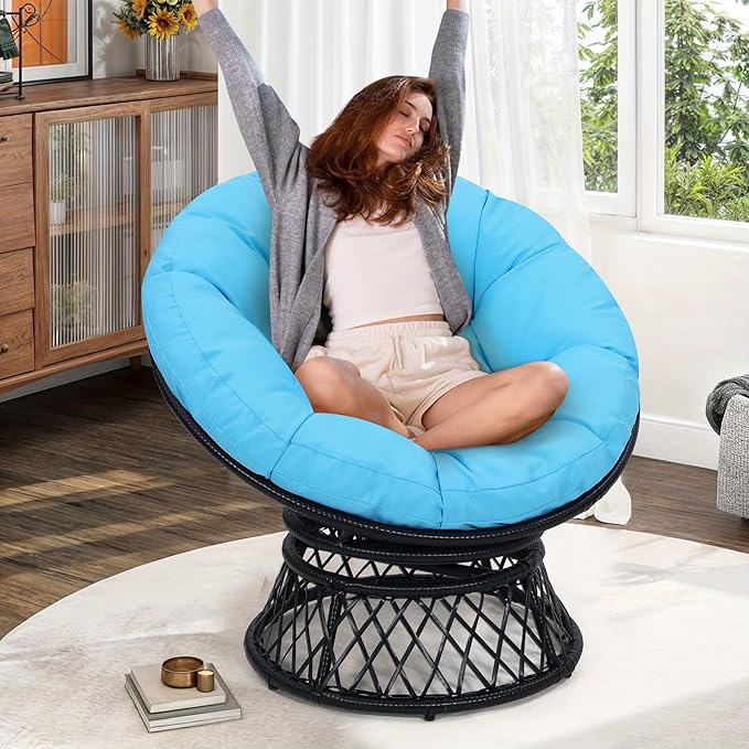 40" Ergonomic Wicker Papasan Chair, 360° Swivel Indoor Outdoor Rattan Chair with Soft Thick Cushion, Ideal for Living Room, Bedroom, Reading Room, Black Frame with Blue Cushion