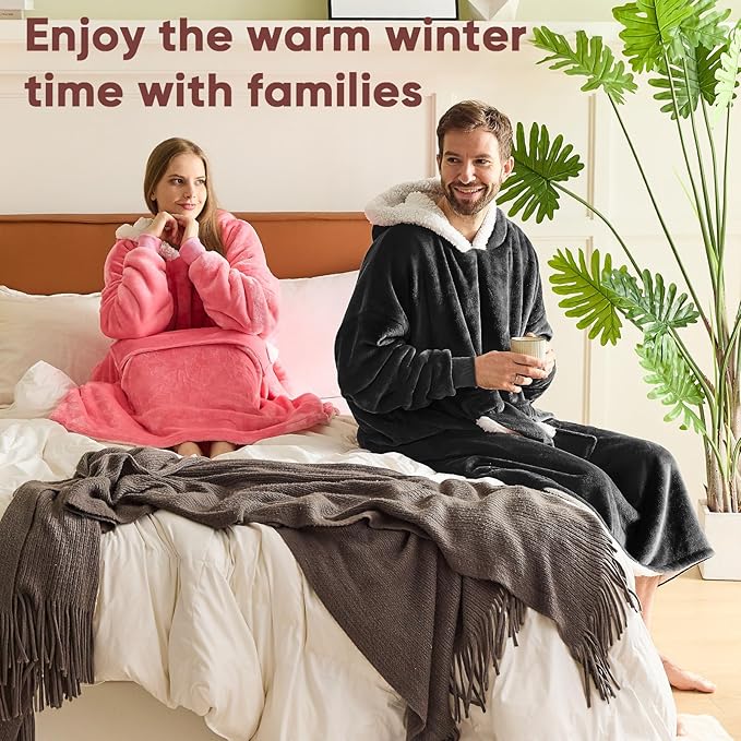 yescool Wearable Blanket Hoodie, Flannel Sherpa Fleece Blanket Sweatshirt for Adults Women Men,One Size Fits All