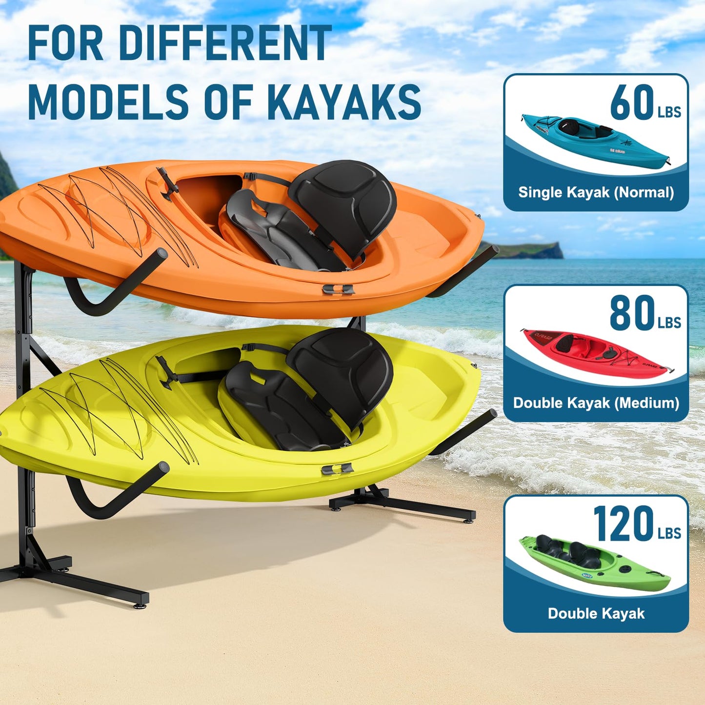 LXVOOEE Kayak Storage Rack, Heavy Duty Freestanding Kayak Rack for 2 Kayaks, Canoe, Surfboard and Paddle Board Adjustable Kayak Hanger Holder with Padded Arms for Indoor Outdoor Garage, S-Shape