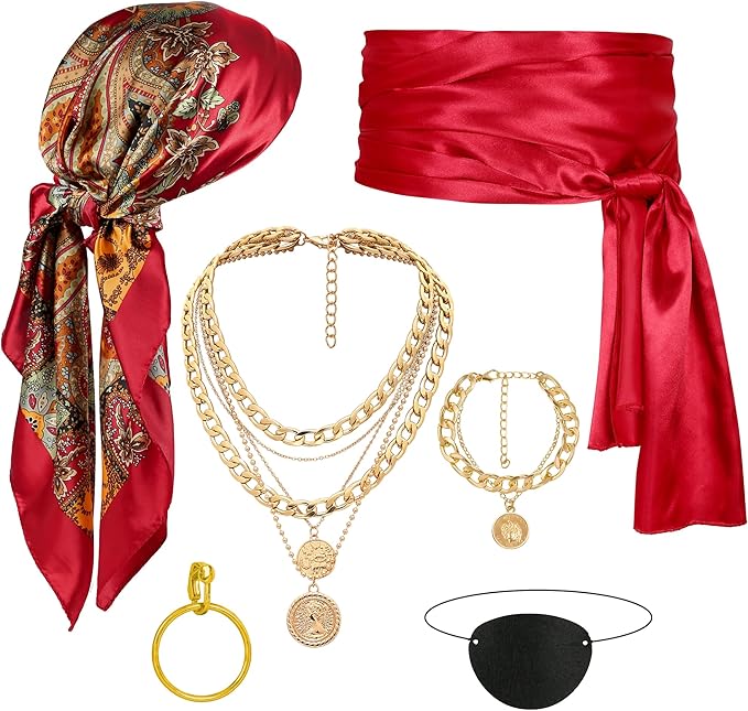CICOCI Men Pirate Costume Accessories Set for Women: Pirate Hat, Head Scarf, Sash, Belt, Dress Accessories - Gold