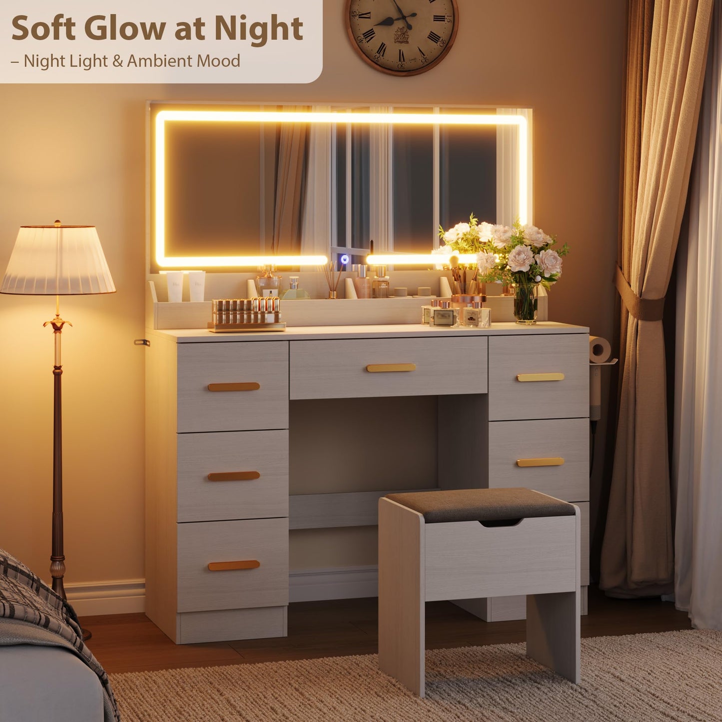 Garvee Vanity Desk with Large Mirror and Lights, 45.9 in Makeup Vanity Desk, 3 Lighting Modes Adjustable Brightness, Vanity Table with Power Outlet & 8 Drawers, for Powder Room and Bedroom