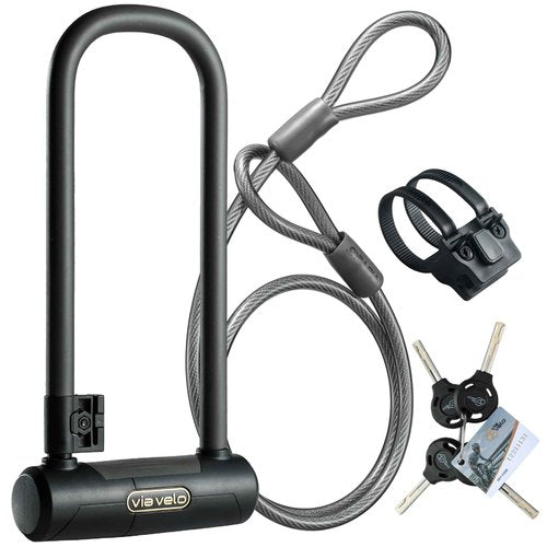 Via Velo Bike U Lock with Cable | Pro U Lock 20 CrMnTi Steel 15mm Shackle with Bracket Inside Size:9.6 x 3.5 in Sold Secure Gold Approval for Road Mountain Electric, Folding Bikes Scooter