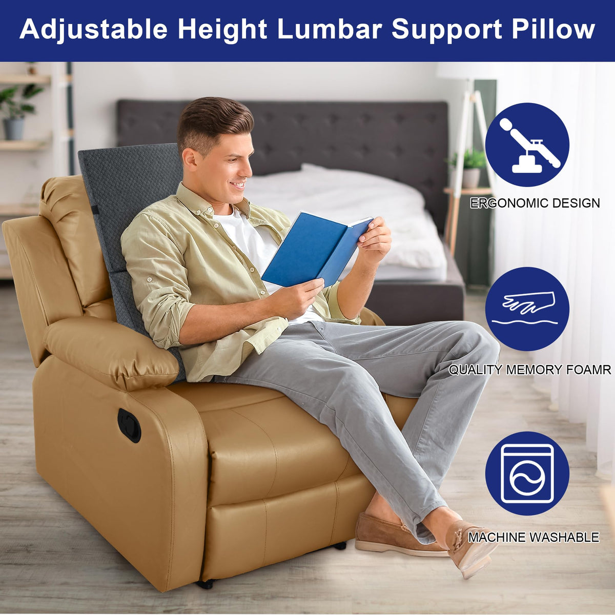 HOMBYS Adjustable Lumbar Support Pillow for Recliner,Multifunctional Memory Foam Back Support Pillow for Recliner,Big Chair Back Support,Back Support Cushion for Office Chair/Car,20"x13.8"x5"