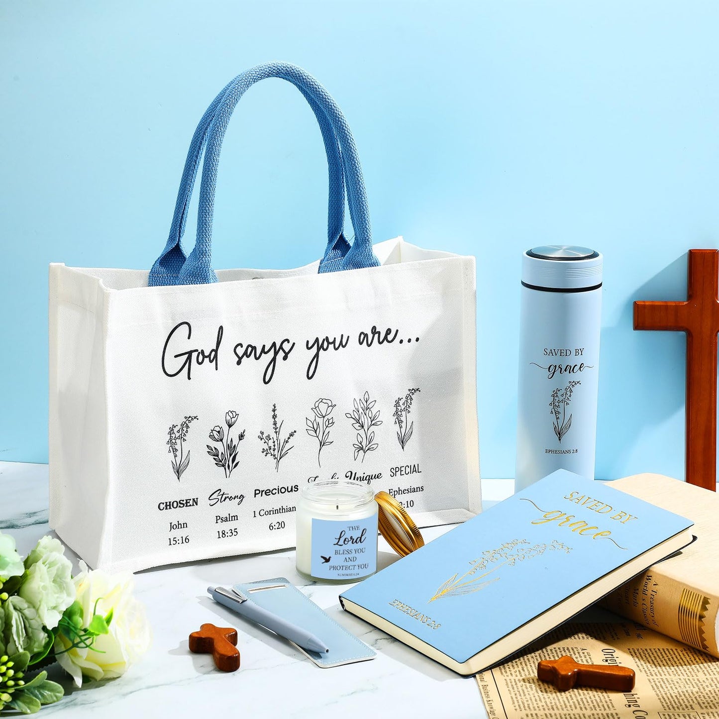 Thenshop 6 Pcs Christian Gift Set for Women Faith, Inspirational Religious Gifts for Women, Catholic Christmas Birthday Gifts for Friends, Mother, Sister, Wife(Blue)