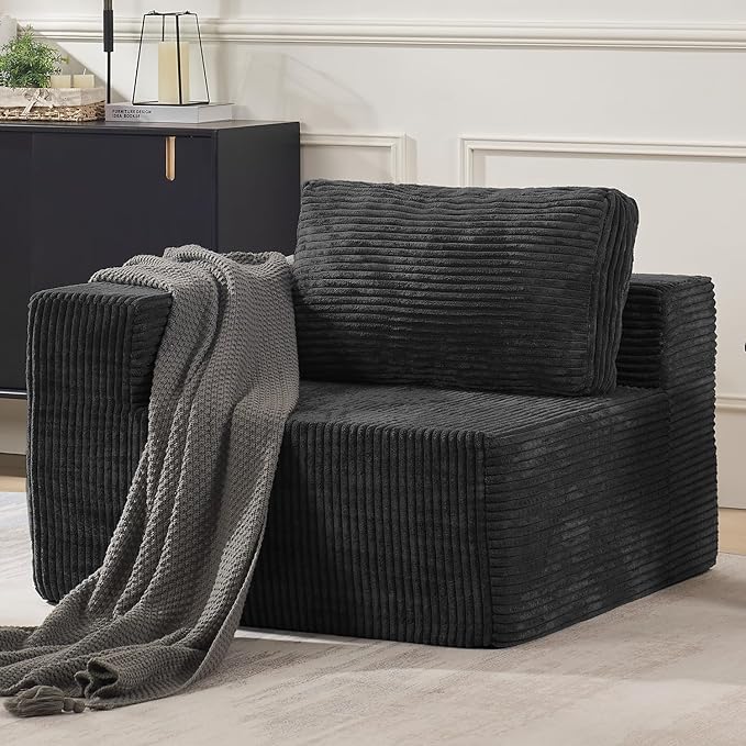 Furnify 40" Modular Sectional Sofa, Upholstered Floor Sofa Couch with Pillow, Bean Bag Chair for Bedroom Living Room, No Assembly Required (Plush Corduroy Fabric, Black)