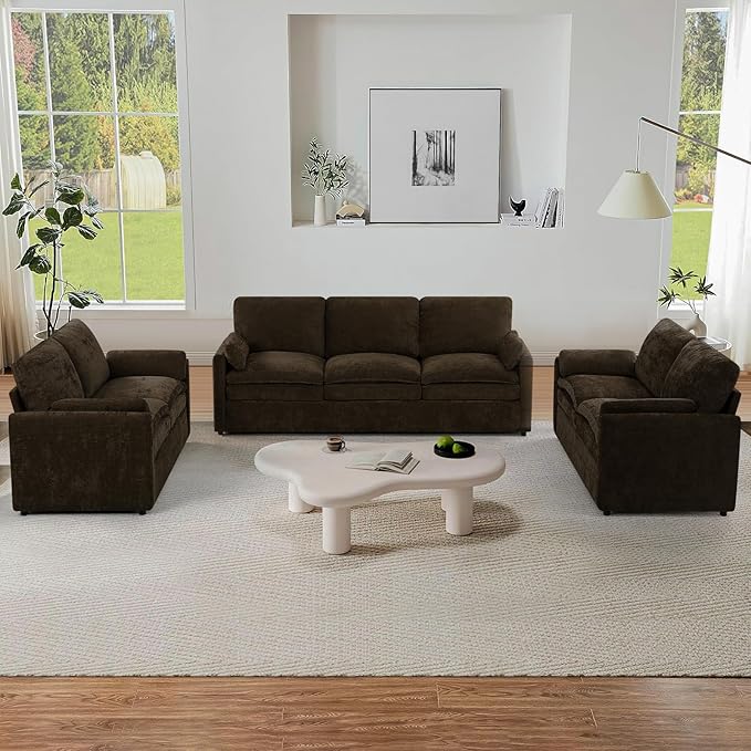 ACMEASE 3 Pieces Chenille Sofa Set w/Arm Pillows, Upholstered 2 Pieces Loveseat & 3 Seater Sofa w/Comfortable Back Cushions, Modern 2-Seat & 3-Seat w/High-Density Foam for Living Room, Brown