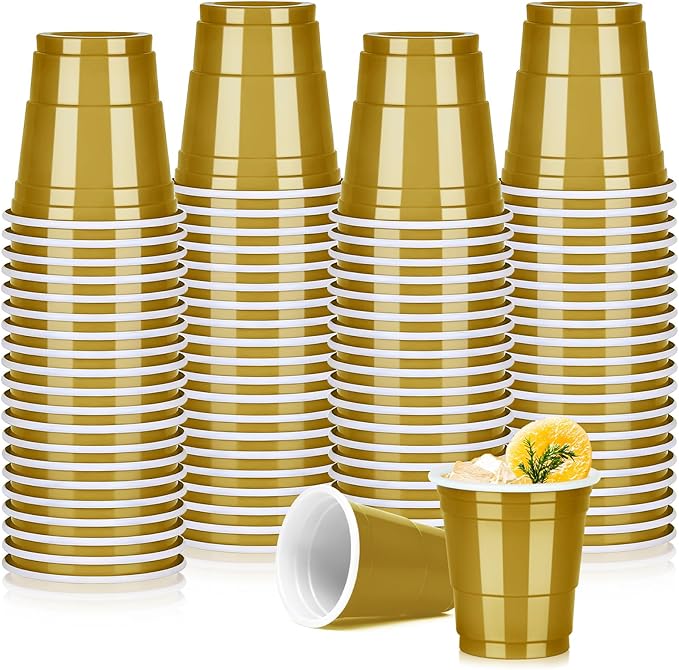 Pineburg 100Pack 2oz Mardi Gras Disposable Shot Glasses, Gold Plastic Shot Glasses, Mini Disposable Cups for Parties Valen...