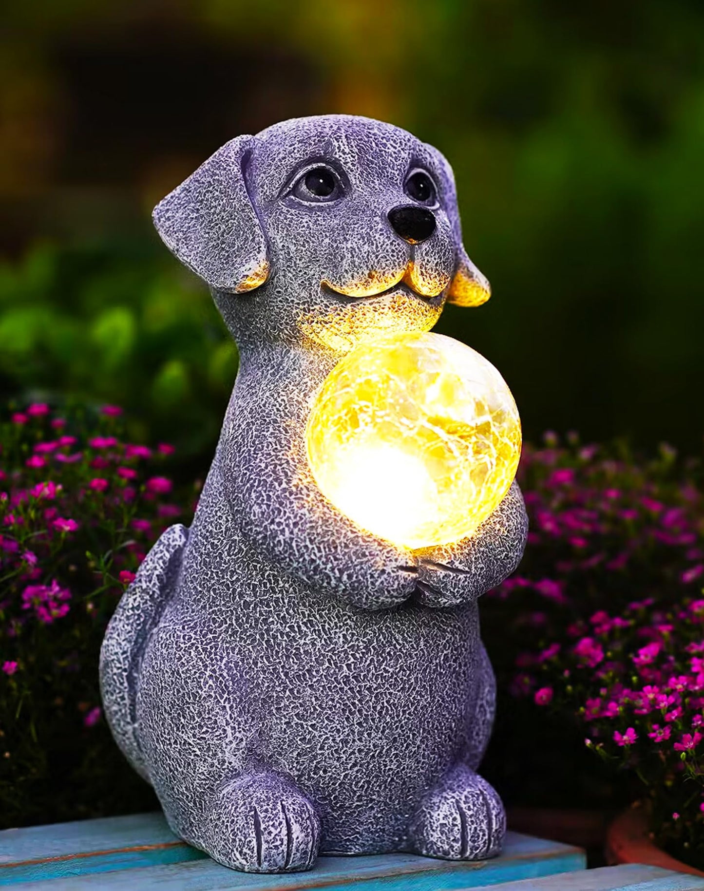 Tiejiajiang Solar Dog Garden Statues - 8.4 "Dog Decor with Gazing Ball Solar LED Lights, Unique Gifts for Mom Grandma Birthdays, Outdoor Decor for Outside Lawn Porch Patio (Gray)