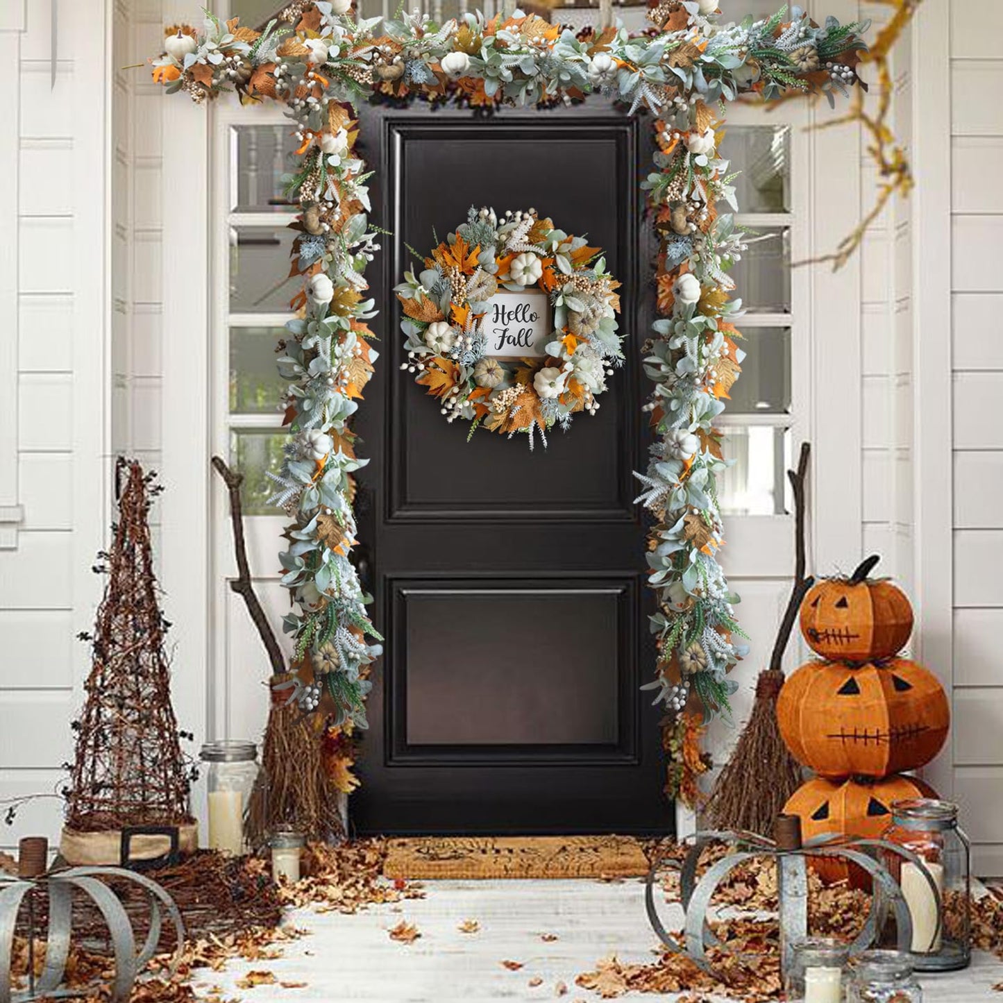 CIR OASES Thanksgiving Fall Wreath, Eucalyptus Berries Pumpkins Lamb Ears Leaves Autumn Wreaths for Front Door, Fall Decor, Porch Wall, Home Outdoor Holiday Decorations (Pumpkin Garland)