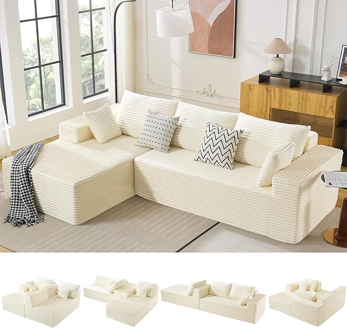 WUTUTUEE 110" Boneless Sectional Couch with Chaise Lounge, Cloud Couch Compressed Sofa L Shape, No Assembly Memory Foam Sofa for Living Room, White Corduroy