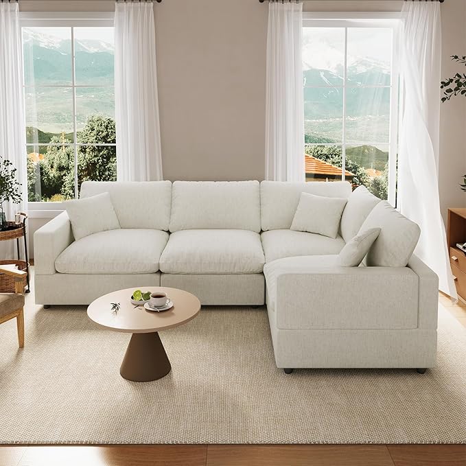 Cloud Couch Modular Sectional Sofa, 95.4" 4-Seater L Shaped Sectional Couches for Living Room, Convertible Cloud Sofa with Ottoman, Down Filled Wide & Deep Seat, Removable Washable Cushion Covers