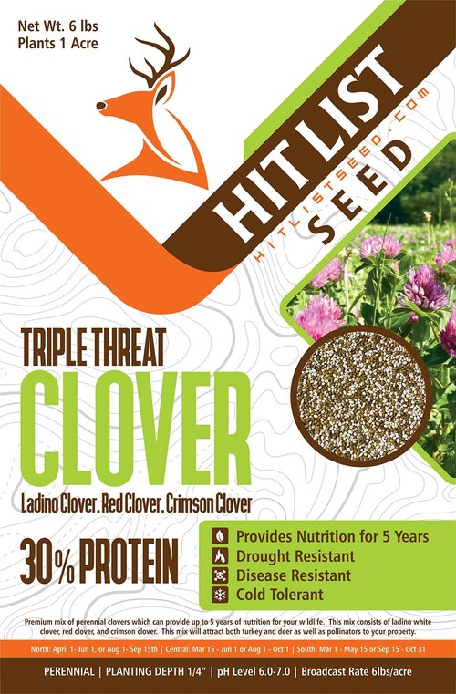 HIT LIST SEED® Triple Threat Clover Food Plot Seeds for Deer [Perennial] - Deer Food Plot Seed Perennial - Deer Plot Seed Mix - Ladino/Red/Crimson Clover - Spring, Summer & Fall Planting - 6 lbs