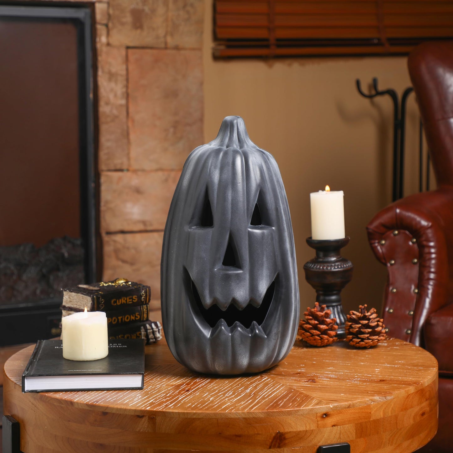 Jingmore 13.4 Inch Black Pumpkin Decoration Large Plastic Jack O' Lantern Reusable Carved Pumpkin Lantern for Thanksgiving Halloween Fall Indoor Outdoor Decor Party Centerpiece