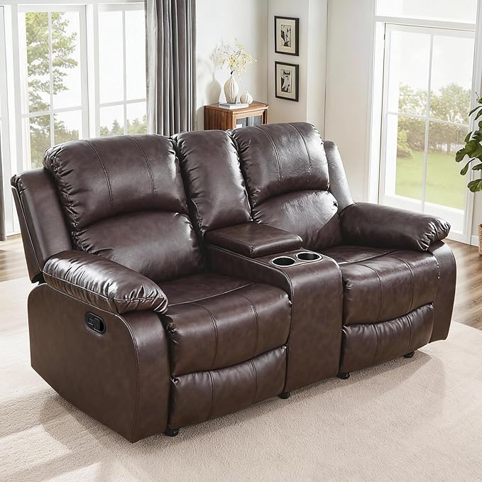 Saxum Tegmen Living Room Furniture Sets, Leather Recliner Sofa, Sectional Loveseat Couch with Cup Holders, 1 Piece Furniture Set for Living Room/RV/Office (Loveseat, Brown Leather)