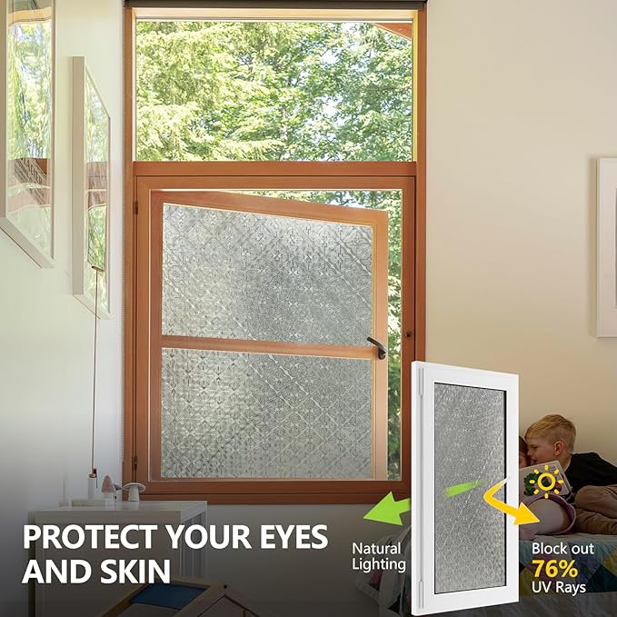 Stained Glass Window Privacy Film, 3D Static Cling Removable Window Clings, Heat Control Sun Blocking Window Film for Bathroom,Front Door,Home,Begonia,29.5" x 78.7"