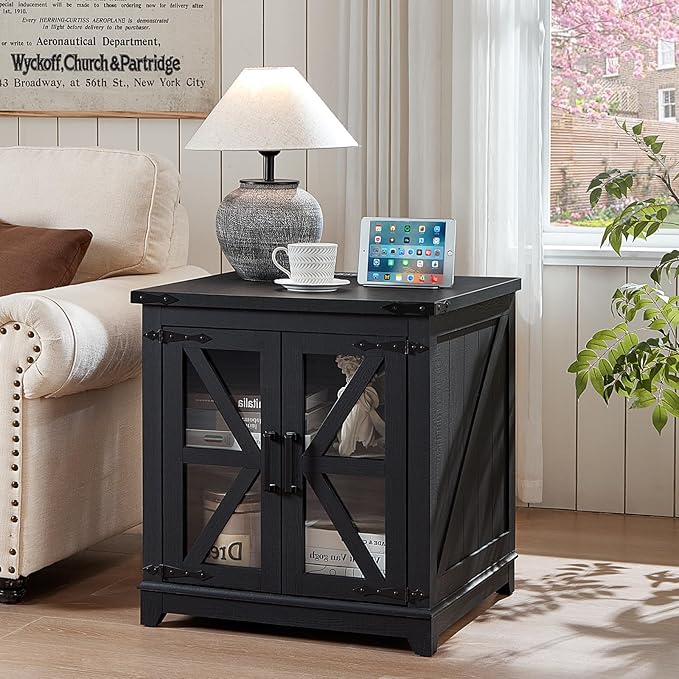 Joaxswe Farmhouse End Table with Charging Station, 24" Large Sofa Side Table with Glass Barn Door,Black Nightstand with Adjustable Storage Shelf,Wood Square Bedside Table for Living Room,Bedroom