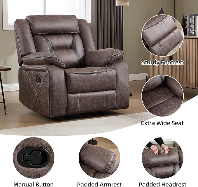 EBELLO Faux Leather Manual Recliner Chair, Modern Design Single Reclining Sofa Chair with Comfortable Armrest and Backrest, Furniture for Living Room, Bedroom, Grey