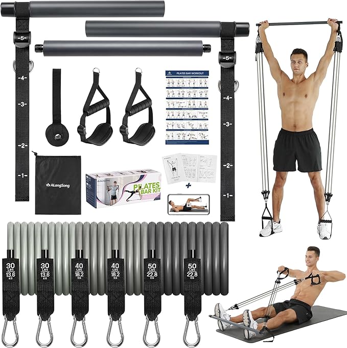 Upgraded Pilates Bar Kit with Resistance Bands Natural Latex for Women & Men, Heavy-Duty Stainless Steel Multifunctional Y...