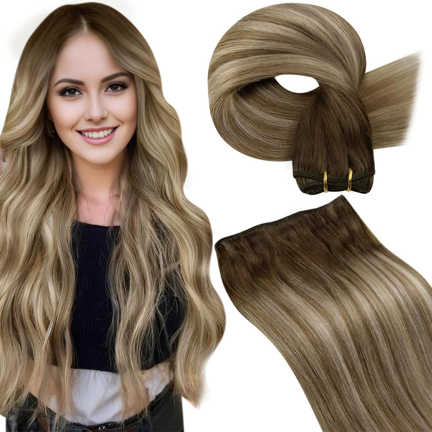 LaaVoo Weft Hair Extensions Human Hair Brown Ombre Weft Extensions Dark Brown Balayage Light Brown Mix Caramel Blonde Sew in Hai