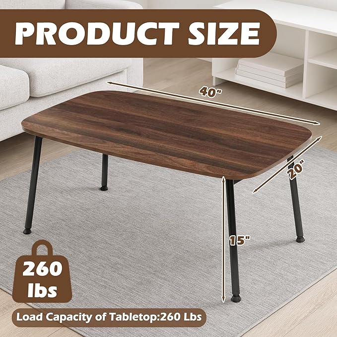 Folding Coffee Table, Portable Floor Table for Sitting on The Floor, Midcentury Modern Coffee Table, Foldable Floor Table for Living Room, 40''L x 20''W x 15''H, Walnut