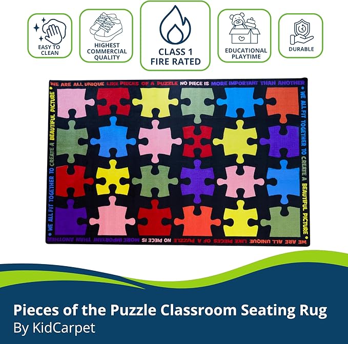 KIDCARPET.COM Pieces of The Puzzle Classroom Seating Rug 7'6" x 12' Rectangle, Educational Classroom Rug, Kids Learning Play Mat | Area Rug for Bedroom or Playroom