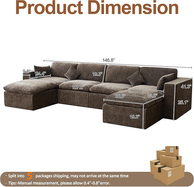 155''Cloud Boneless Sectional Couch, Modular Sectional Sofa Deep Seat with 2 Ottomans, Oversized Upholstered Convertible Comfy 6 Seater Chenille Sofa U Shape Couches for Living Room, Brown