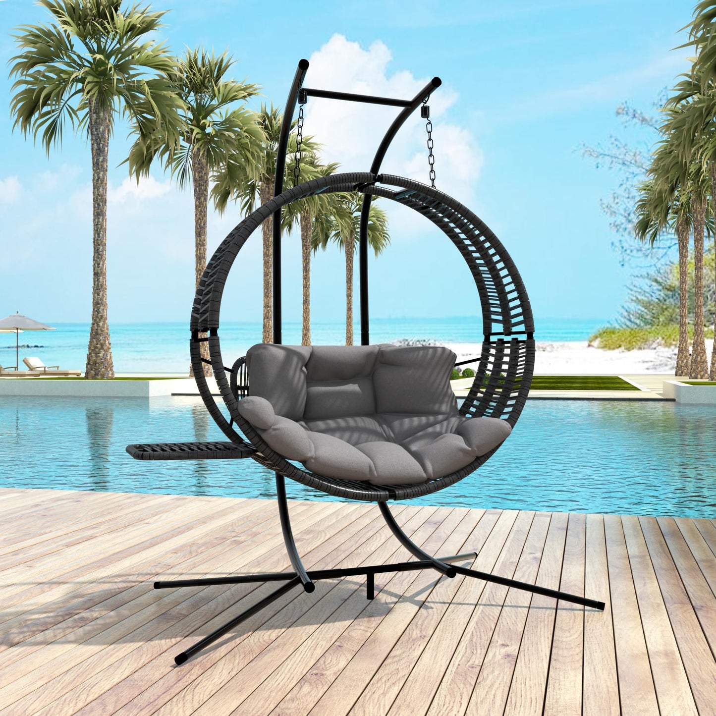 Double Hanging Egg Chair with Stand for Outdoor, Oversized 2 Person Wicker Rattan Swing Chair w/Convertible Armrest for Reclining Seat, All-Weather Cushion and Heavy Duty Frame, 700Lbs Cap. (Grey)