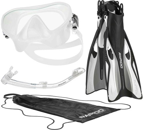 Italian Design Premium Tempered Glass Lens Anti-Fog Panoramic View Frameless Snorkel Mask, Elite Dry Snorkel Tube, Adjustable Fins - Mask Fin Snorkel Set