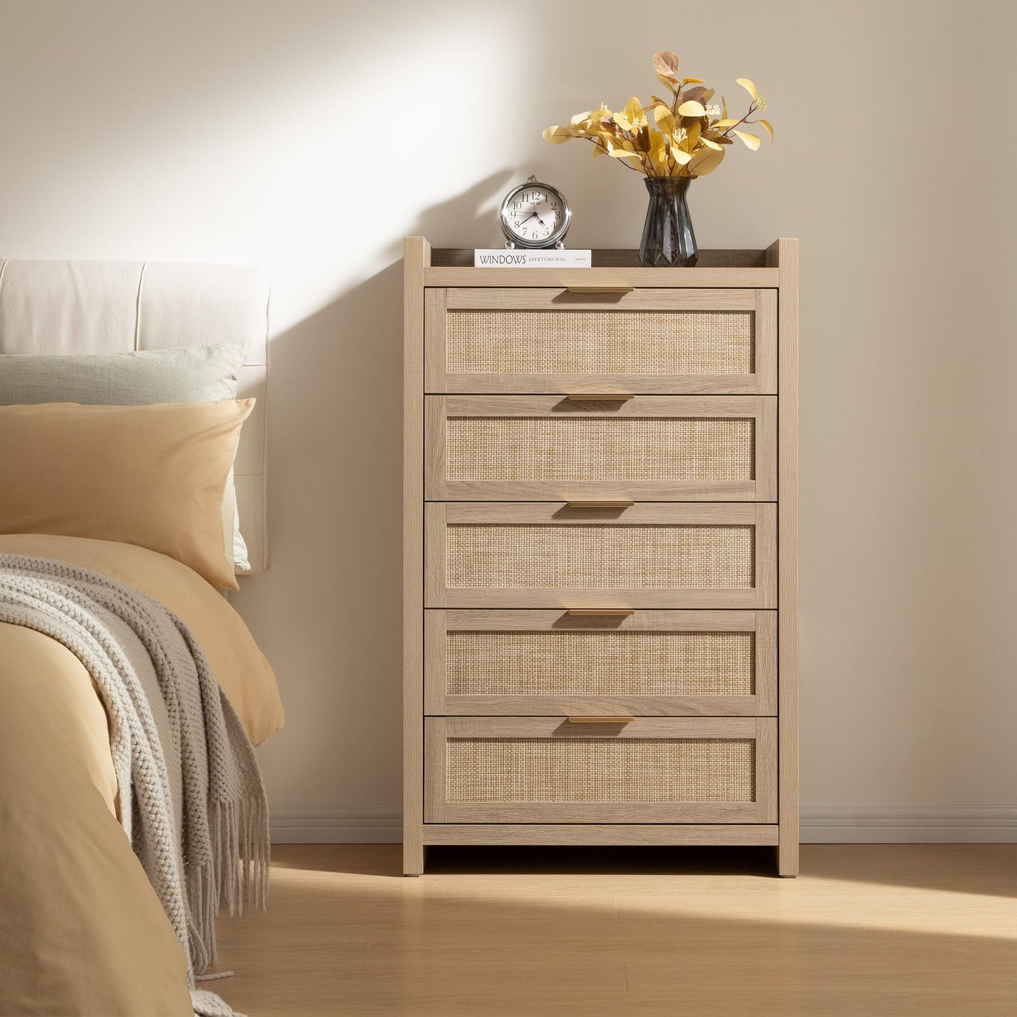 SICOTAS Dresser for Bedroom Chest of Drawers 46" Tall Dresser for Closet with 5 Rattan Drawers Boho Night Stand Large Clothes Storage Cabinet for Living Room Hallway Nursery Entryway